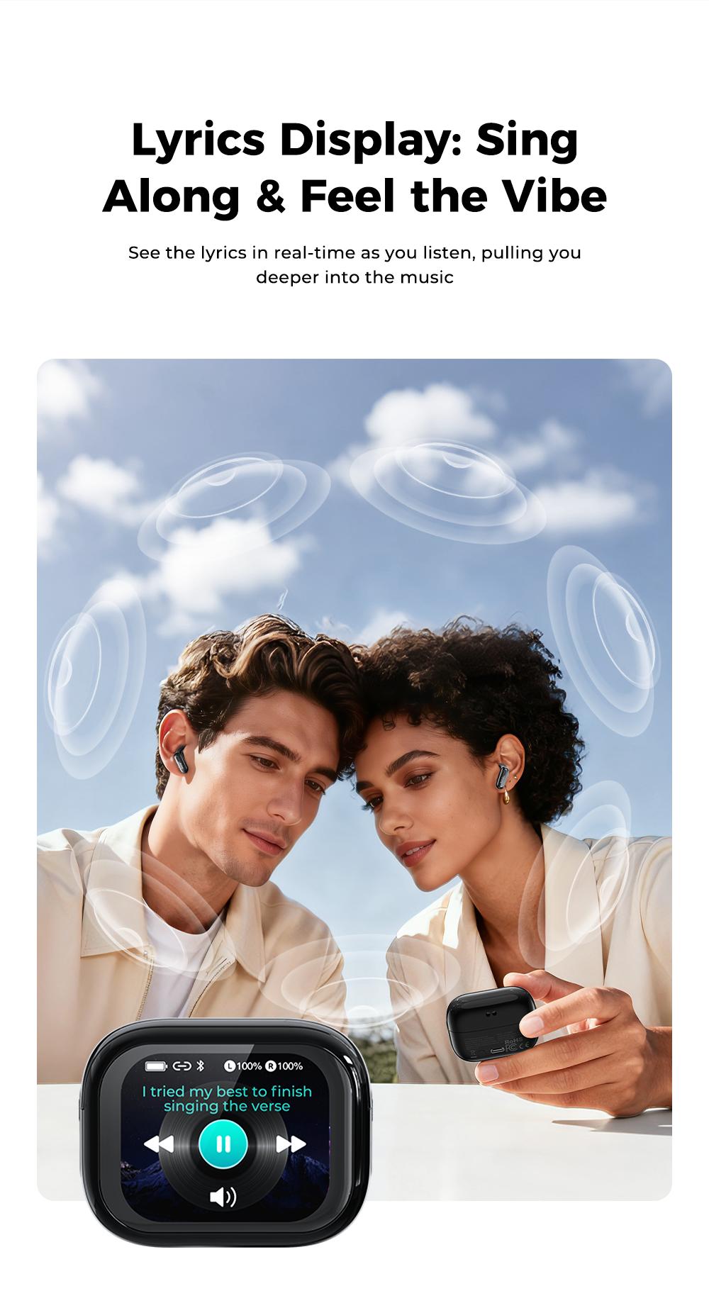 HTC NE68 Bluetooth 6.0 Earphones LCD Touch Screen IPX5 Waterproof Wireless Headphones 60H Playtime, HD Stereo Sound Earbuds, Built-in Microphone for Travel Learning Business