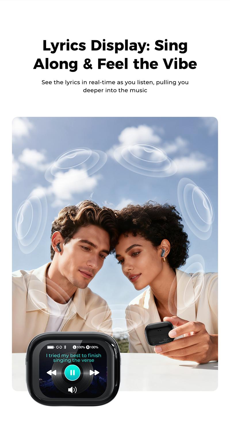 HTC NE68 Bluetooth 6.0 Earphones LCD Touch Screen IPX5 Waterproof Wireless Headphones 60H Playtime, HD Stereo Sound Earbuds, Built-in Microphone for Travel Learning Business