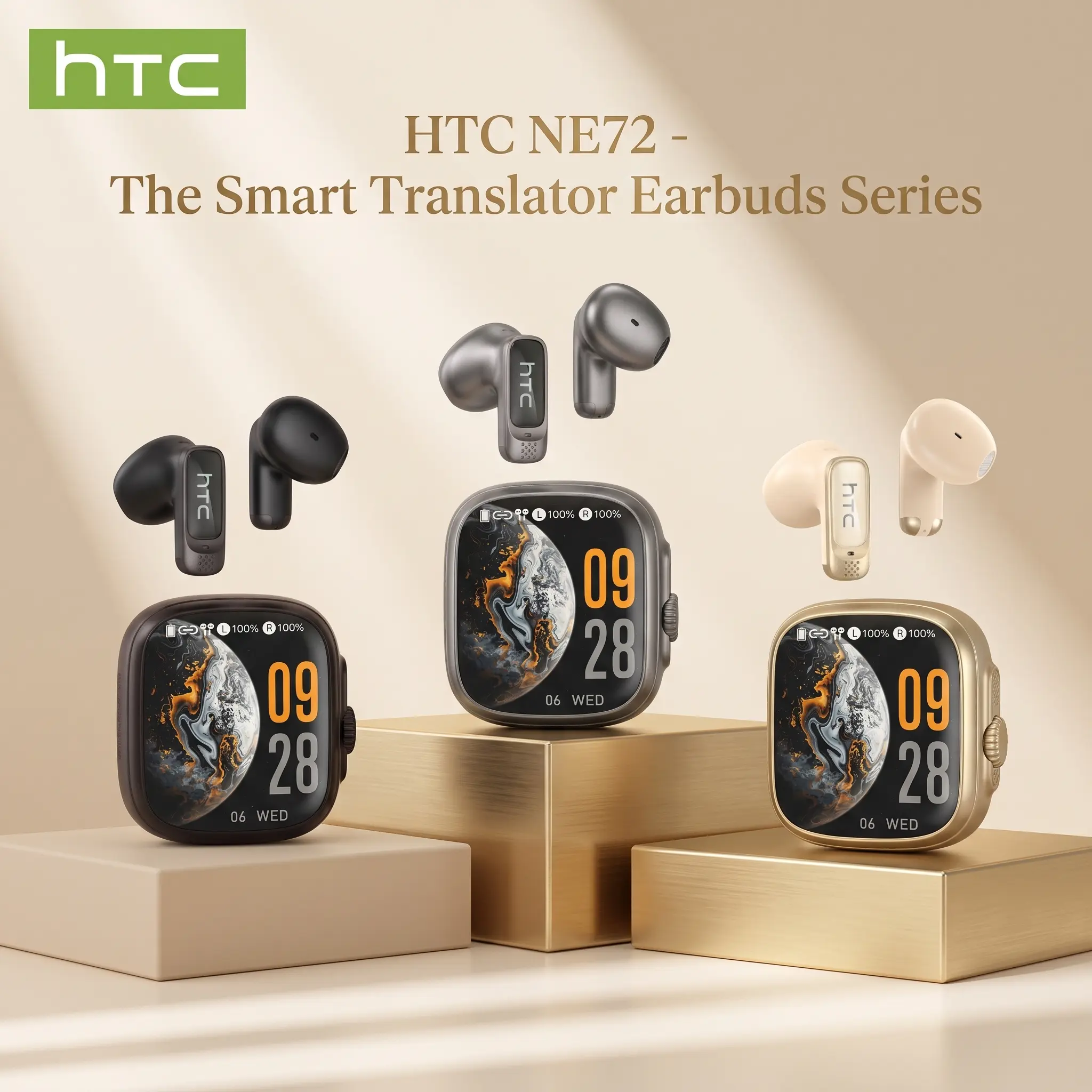 HTC NE72 Wireless Smart Screen In-Ear Earbuds - TikTok-Compatible, Instant Smart Screen Translation, Dual Touch Gesture Shortcuts, Media Control Bluetooth Headphones (None Wireless Interference)