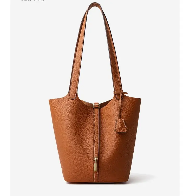 Elegant, pure-colored, lightweight, large, fashionable shopping basket bag for women. Storage bag/multi-functional bucket-shaped bag. Features a lock-fastening design, hand-held handles, suitable for dates, work bags, shopping, daily use.