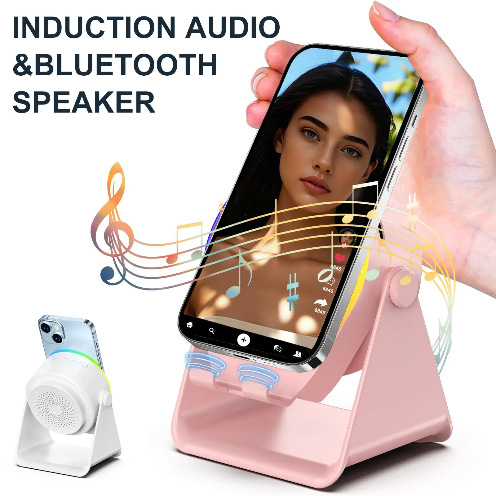 Wireless Induction Audio Speaker Stand, 5in1 Cellphone Holder, Phone Stand Adjustable Ambient Light, Surround Sound 360° Rotation Rechargeable Hands-Free Calls For Bedroom,  Kitchen, Camping, Yoga, Cooking Gifts for Men, Women, Elderly SummerWins