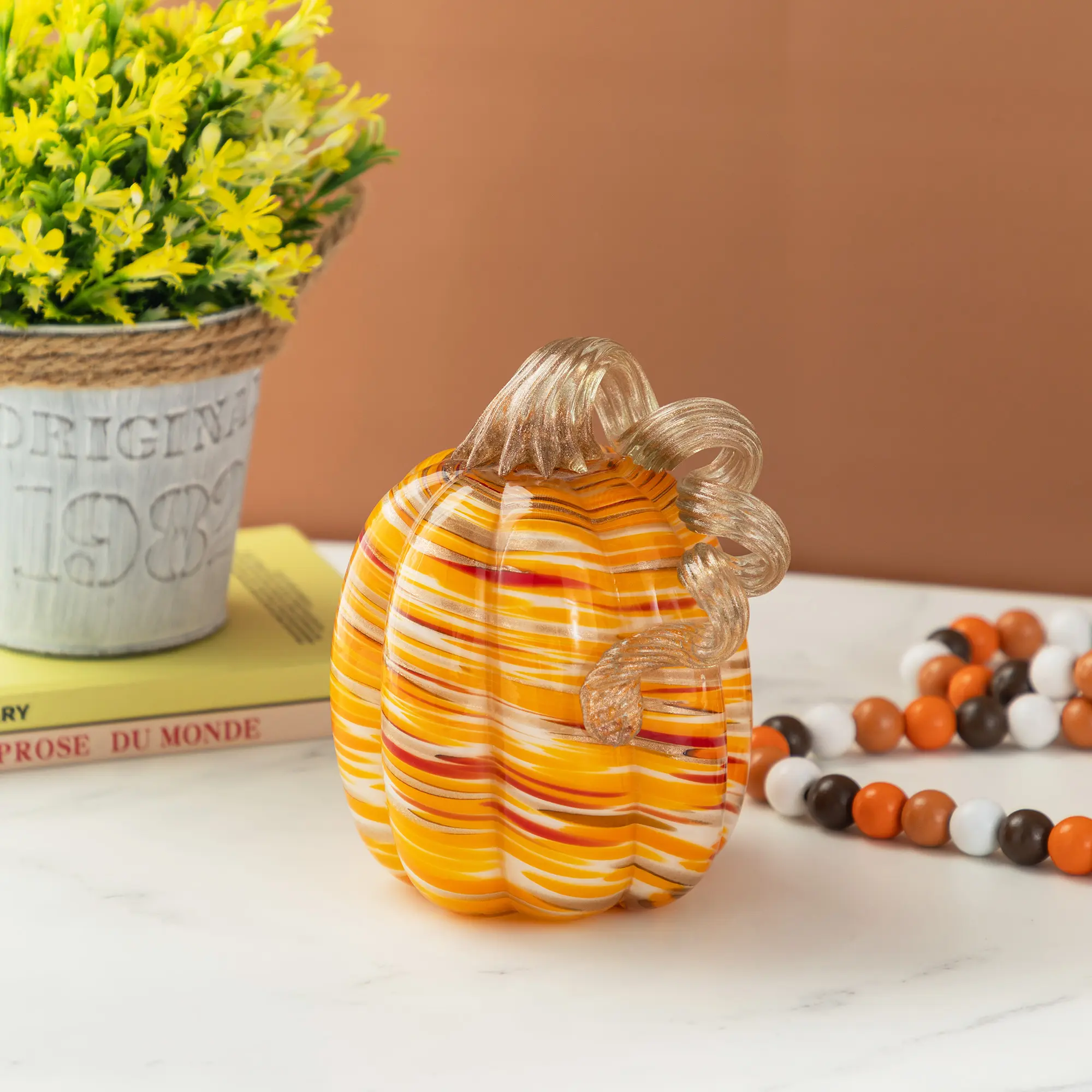 Glitzhome 6"H Fall Multi Stripes Glass Pumpkin