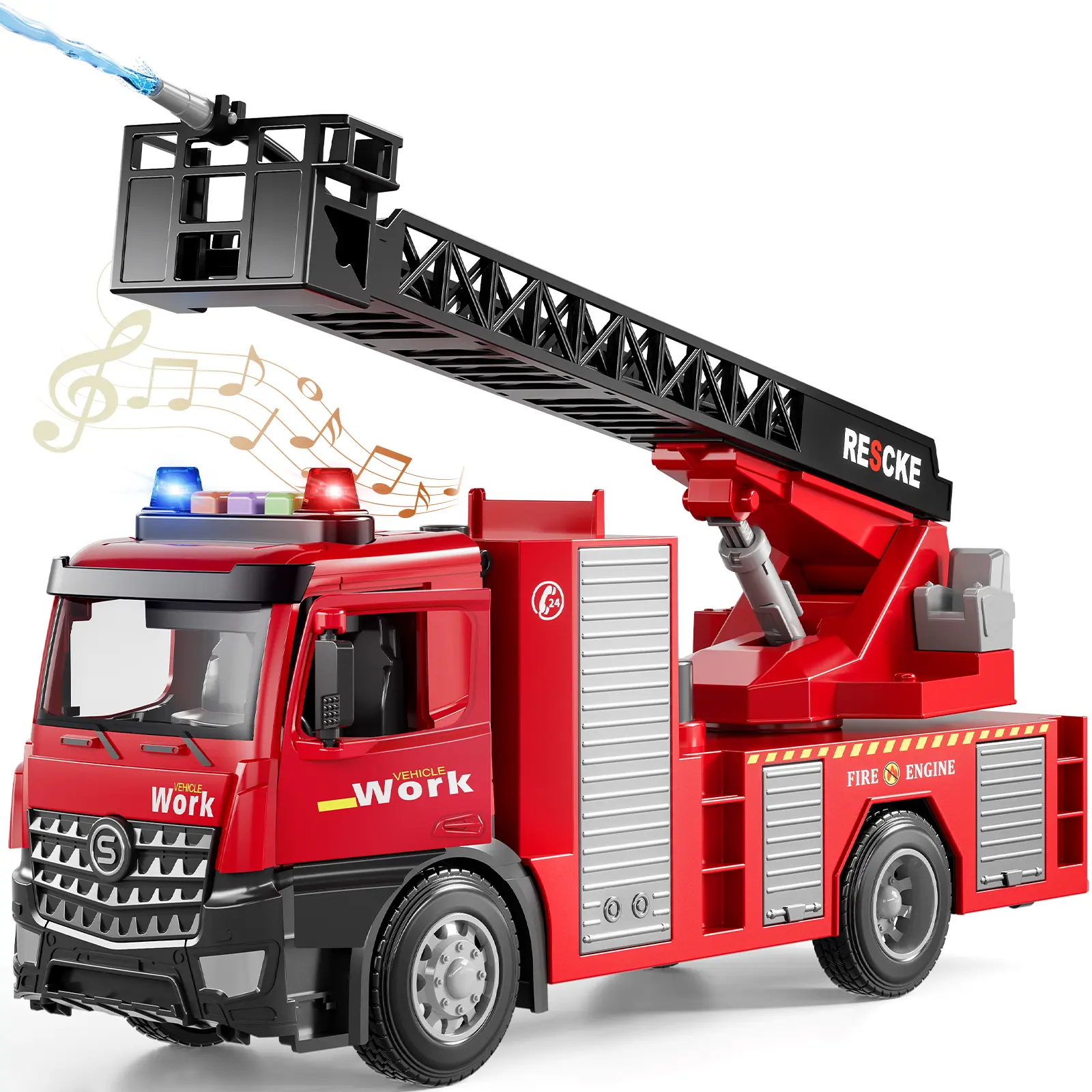 BPA-Free Alloy Fire Rescue Toy Truck for 3-4 Years Old Kids - Water-Spraying, Extendable Aerial Ladder, Built-In Warning Flashing Lights, Alarm Sounds, Sturdy Metal STEM Science Toy for Children Development