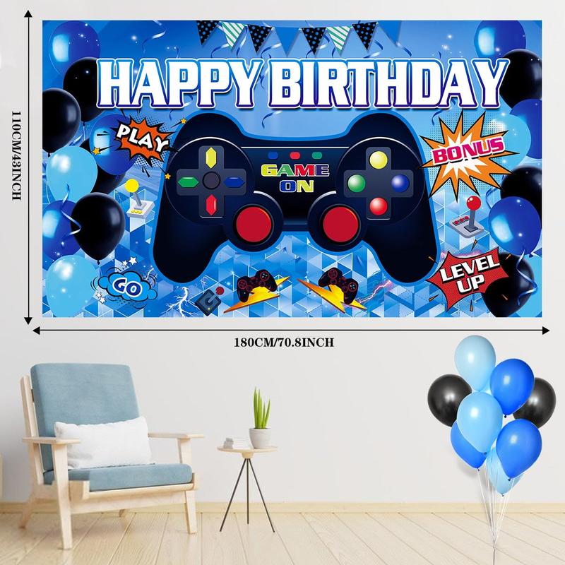Video Game Birthday Decorations Set with Happy Birthday Backdrop Gaming Table Covers Blue Black Balloons Gamer Party Supplies for Boys