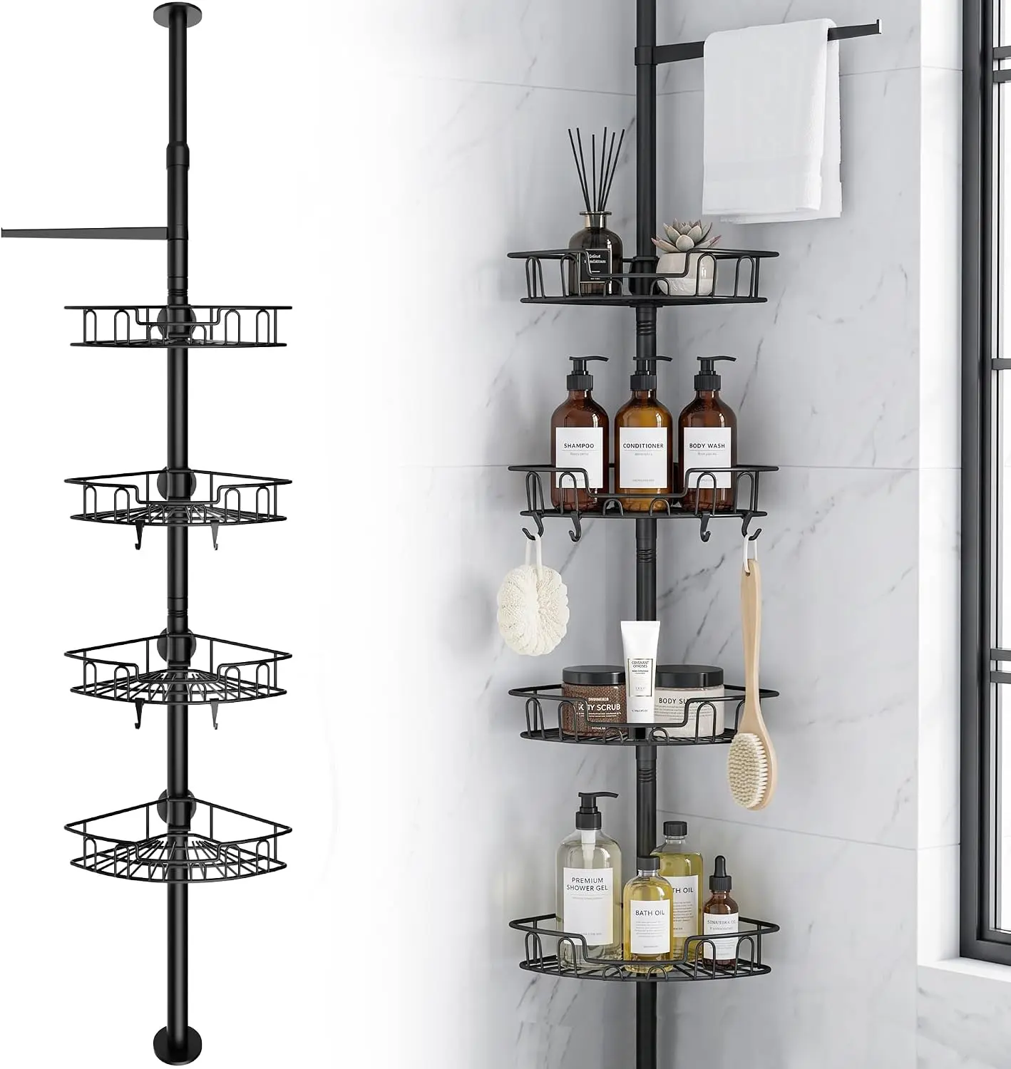 Corner Shower Caddy Tension Pole, Adjustable Rustproof 4-Tier Inside Bathroom Organizer -32-123 inch Quick Installation Bathtub Shelves for Shampoo Storage - No-Drill Renter,Rod Floor Standing Bath Rack Stainless Steel Inside Shower