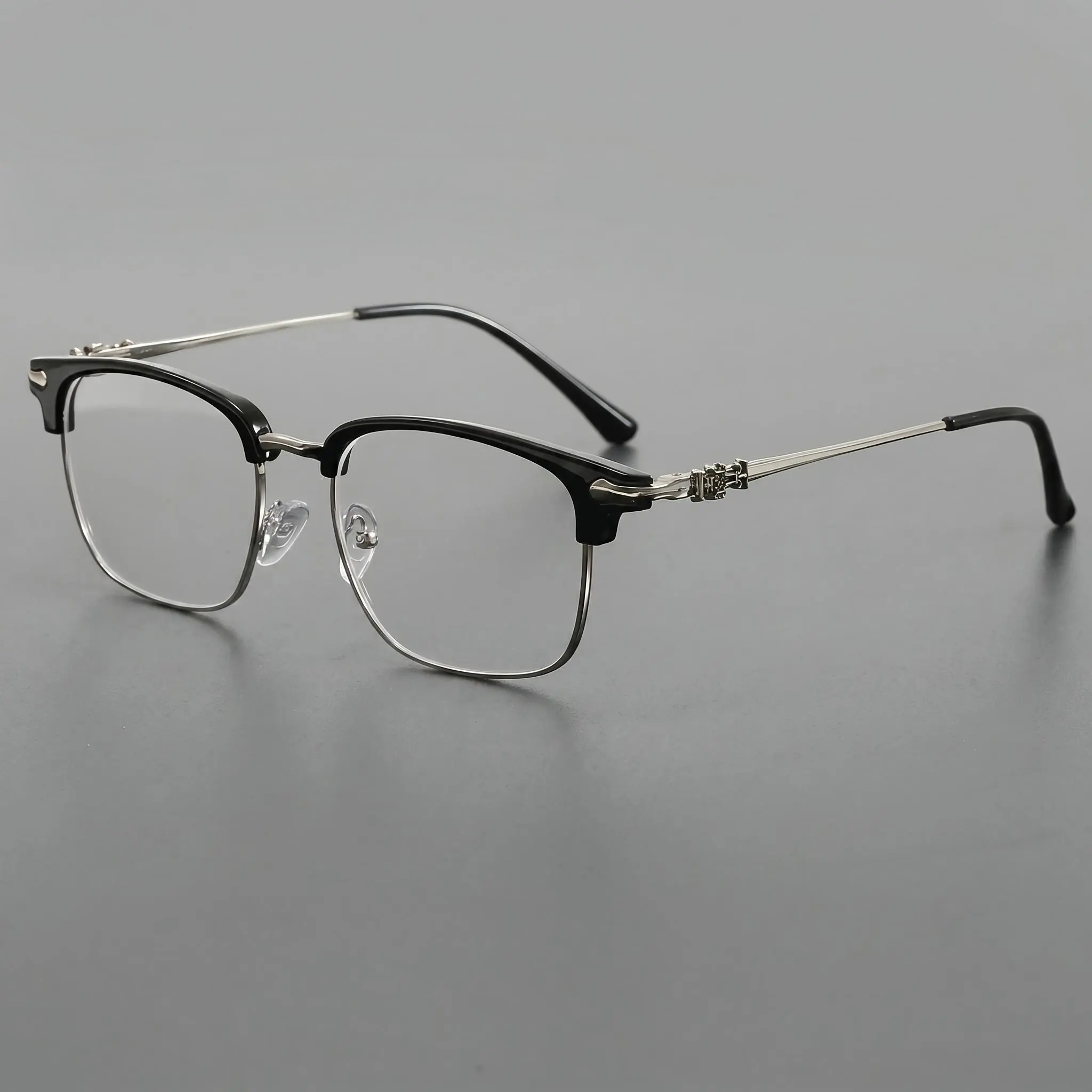 2-Tone Browline Square Unisex Eyeglasses - Gloss Black Acetate Top Frame, Engraved Texture, Thin Metal Temples, Clear Anti-Blue Light  for Office Computer Use transition lenses