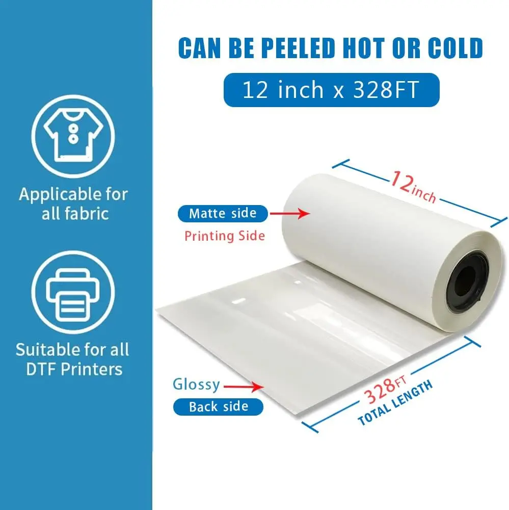 DTF Roll Film Premium (12inch x 328FT) PET Transfer Film DTF Heat Transfer for DTF Printer Single Sided, Hot/Cold Peel DTF Film for DTF Inkjet Printer