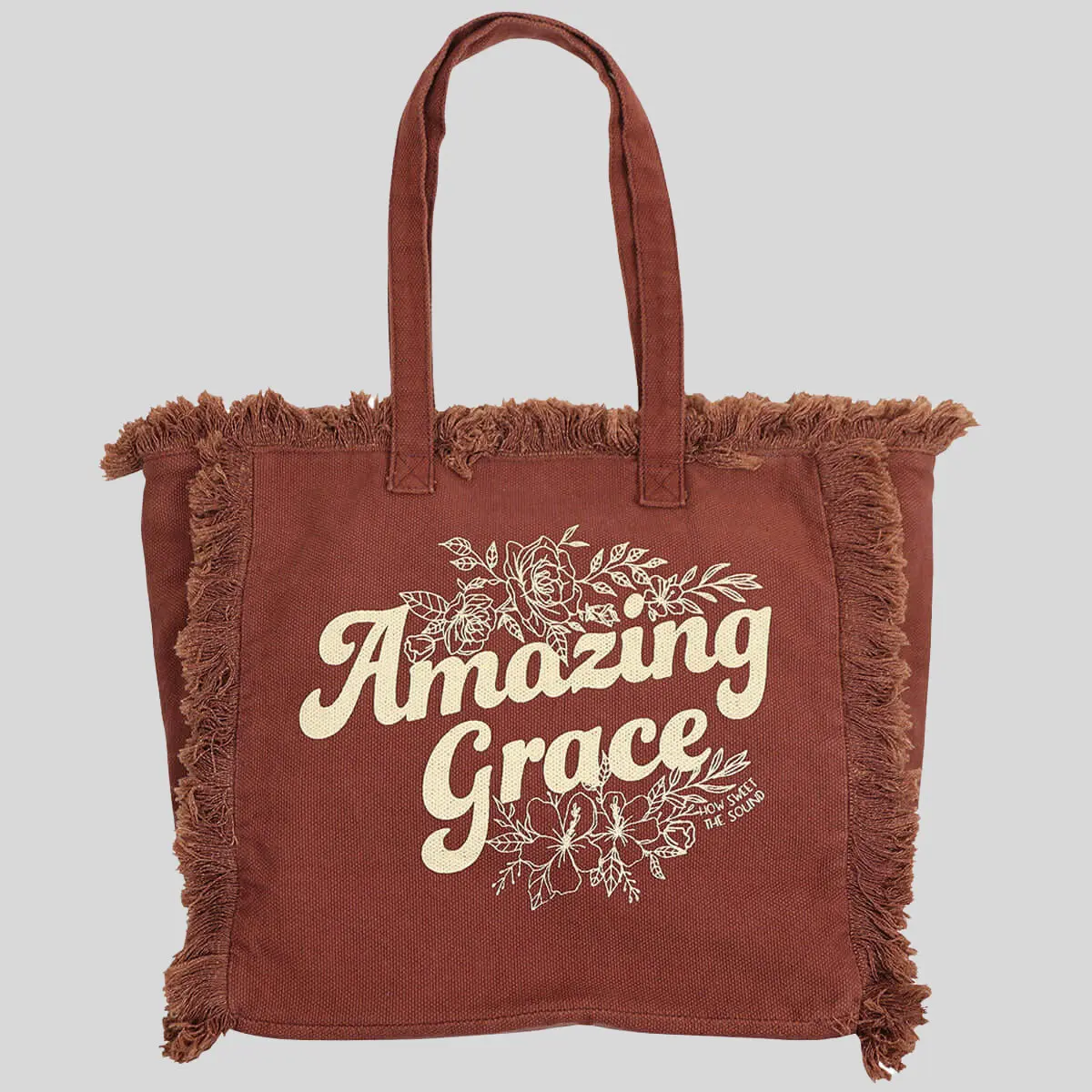 Women's Casual Cotton Canvas Tote, "Amazing Grace" Fringed Everyday Bag with Multiple Pockets and 9-Inch Handle Drop, Multi-Compartment, Christian-Themed Embroidery Graphic Women's Tote Bags, Tote Purse, Everyday Carry