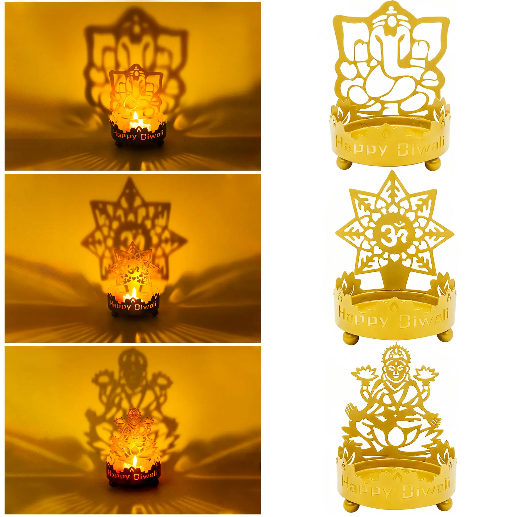 3PCS Metal Shadow Effect Diwali Diya Set - Ganesha Lakshmi OM T-Light Candle Holder, Home Decor Pooja Item for Friends, Relatives, Indian Wedding Anniversary, Navratri Puja