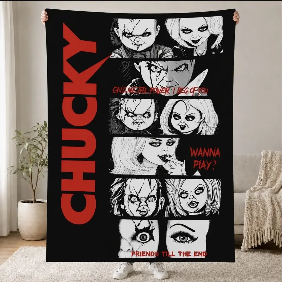 Chucky & Tiffany Horror Movie Fleece Throw Blanket, Child’s Play Chucky Doll Comic Panel Print Soft Cozy Flannel Blanket, Warm Lightweight Blanket for Sofa Bed, Spooky Horror Fan Halloween Home Decor Gift