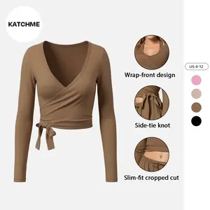 KatchMe Women's Minimalist Solid Color Criss-Cross Tie-Up Long Sleeve Crop Top, Workout Breathable Stretch Yoga Outerwear, Soft Womenswear