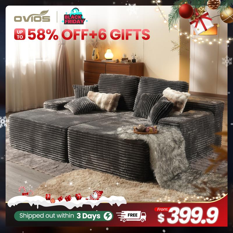【2 Packages Shipping】Ovios 81" Oversized Sectional Double Lounge Chaise with Cloud Plush Sofa Bed, Fluffy Modern Boneless Couch Sleeper Loveseat Chair for Indoor Living Room Bedroom Reading Movie - No Assembly Required