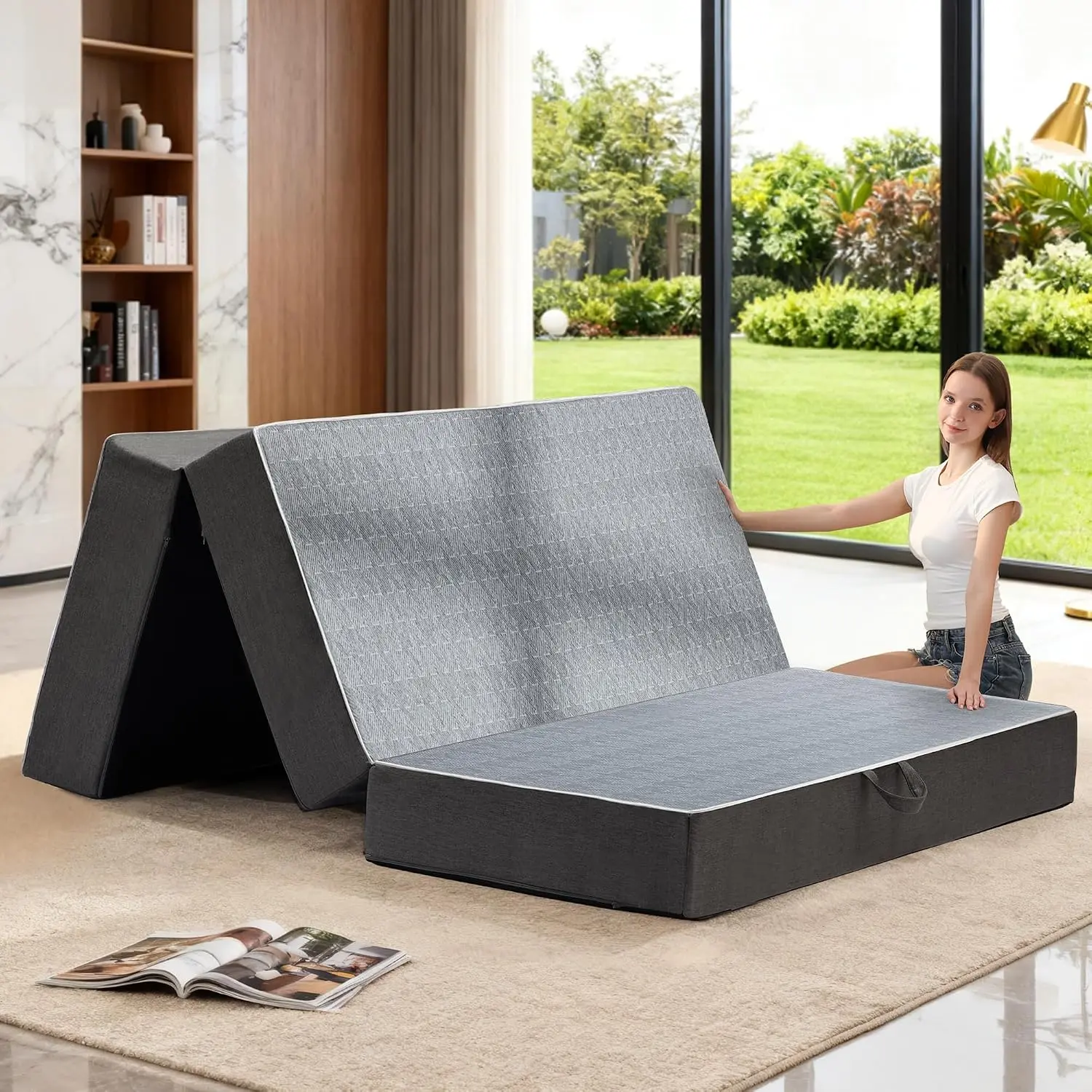 Tri Folding Mattress Queen Size - 6 Inch Dual-Layer Memory Foam Foldable Mattress Portable Floor Bed Sofa with Removable Washable Cover, Handle & Non-Slip Bottom for Travel,RV,Camping,Guest,Yoga