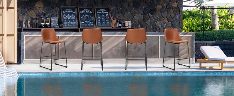 Counter Height Bar Stools with Back, Armless Chairs with Metal Legs and Footrest - Waterproof Leather
