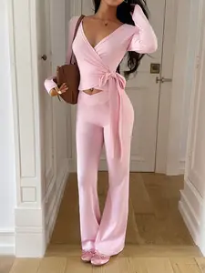 Women's V-Neck Wrap Yoga Set, Cross Waist Cinch Top & High Waist Flare Pants, High-Elastic Skin-Friendly Fabric, Gentle Elegant Style, suitable  for Yoga Pilates & Daily Commutes,Sweatpants, gym outfits Yoga Clothes Set Athleisure Sweatsuit