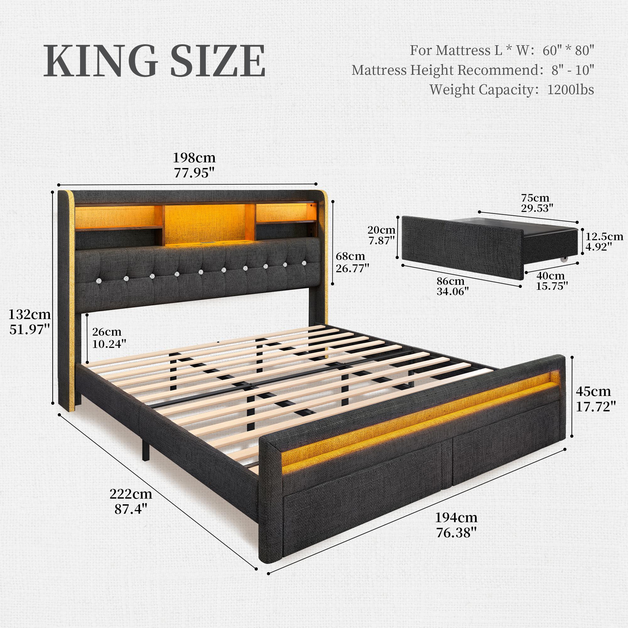 California King Bed Frame with Bookcase Storage Headboard and 2 Drawers, 52" Ultra-High LED Bedframe with Charging Station, Linen Upholstered Crystal Button Tufted Wingback Beds with Footboard,Black/White/Cream/Gray California King Bed Frame with Bookcase Storage Headboard and 2 Drawers, 52" Ultra-High LED Bedframe with Charging Station, Linen Upholstered Crystal Button Tufted Wingback Beds with Footboard,Black/White/Cream/Gray