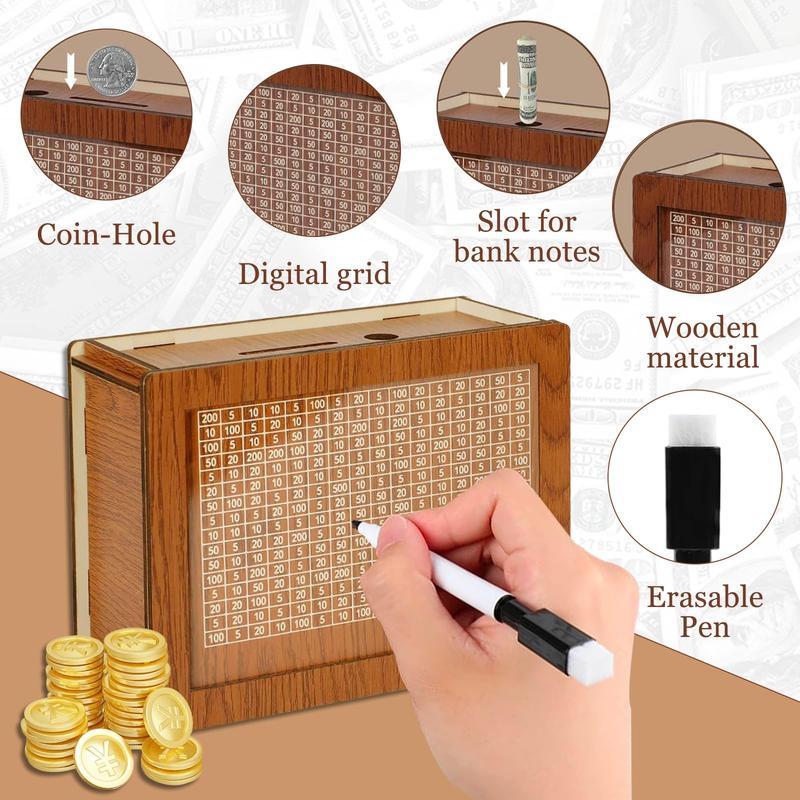 $10,000 Savings Challenge Box, Wooden Cash Vault for Kids & Adults, Money Saving Box with Lid, Birthday Piggy Bank Gift Home Decor