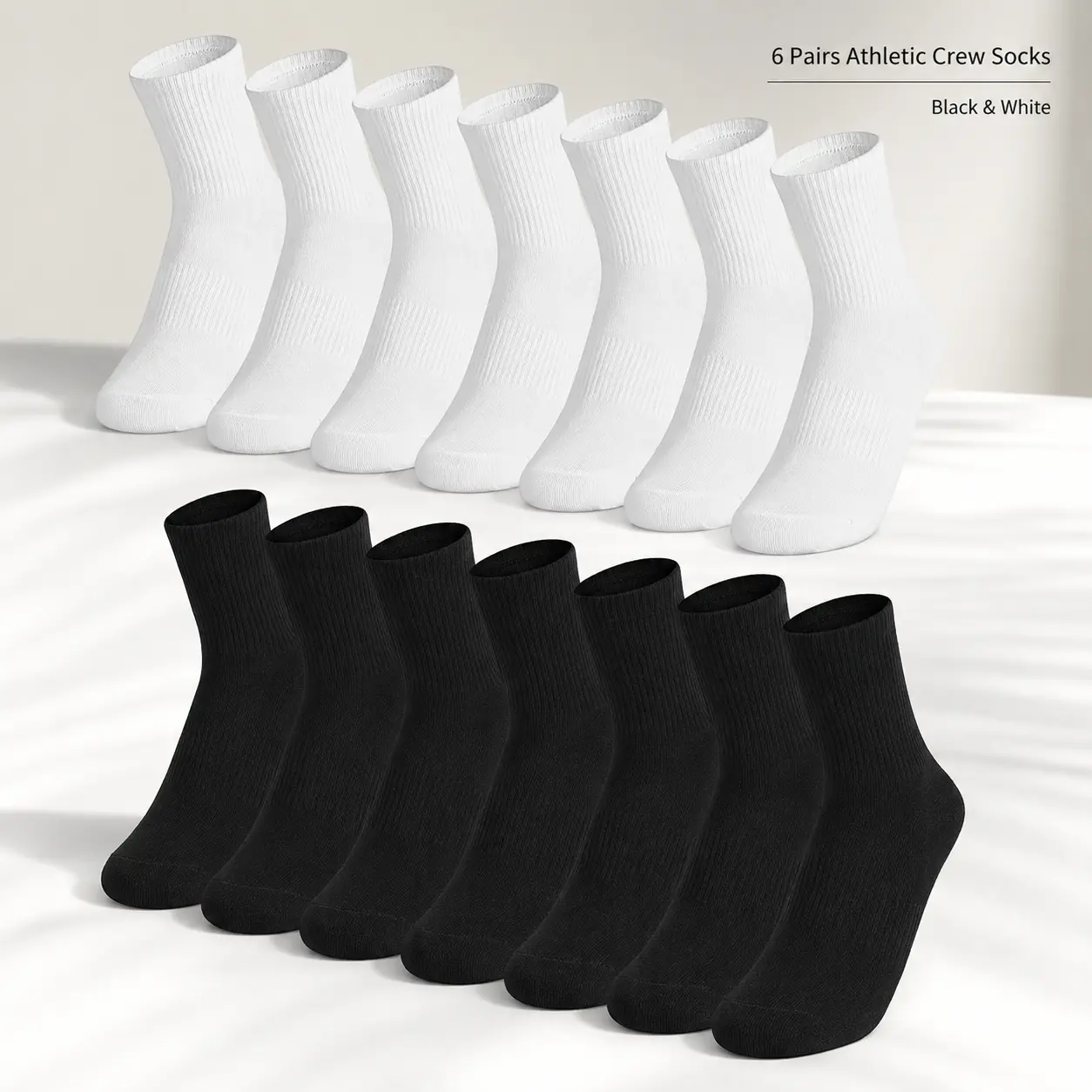 6 Pairs Cotton Crew Sports Socks for Adults, Cushioned Sole and Secure Fit for Athletic Training, Hiking, and Running