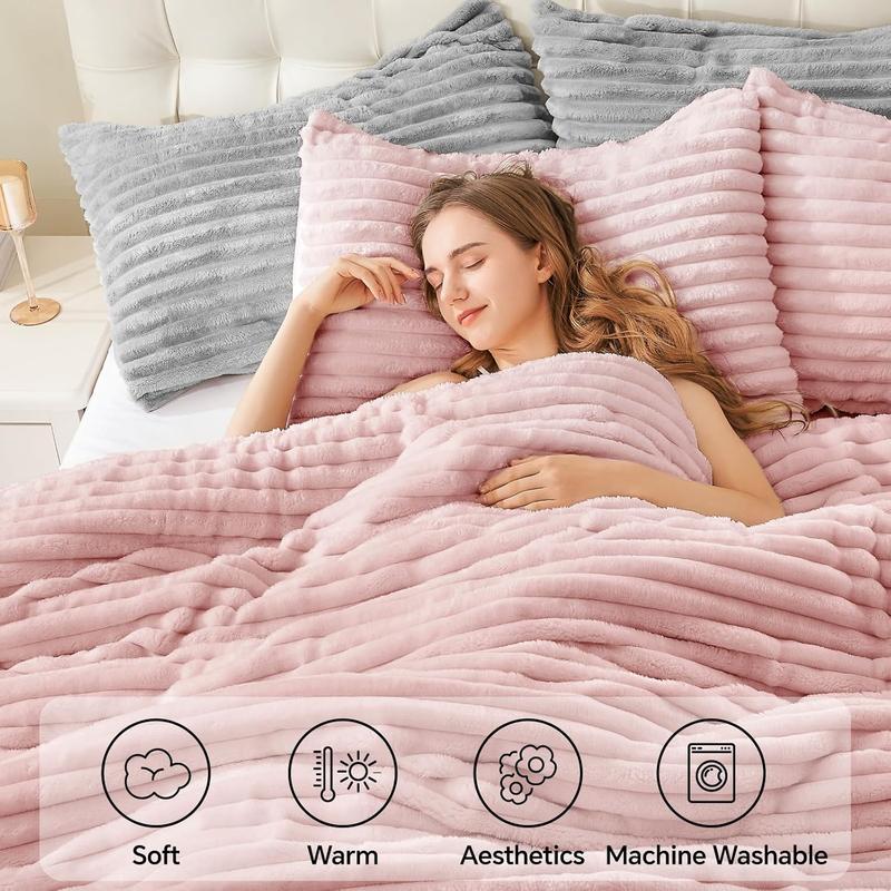 BEDELITE Flannel Comforter Set Super Soft & Warm Fluffy Pink Valentine's Day gift - Elegant Striped Design for Winter - Twin/Queen/King Sizes Machine Washable