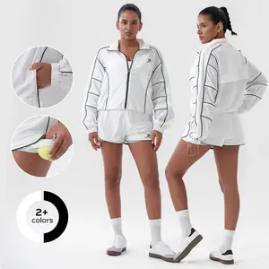 Women's Quick-Dry Color Block Cropped Tennis vollyball Jacket and shorts with Drawstring Hem Water-Repellent Fabric for Comfort and Style jacket dirt jersery jacket tennis gym workout shorts wear pocket jacket tennis wear gym activewear
