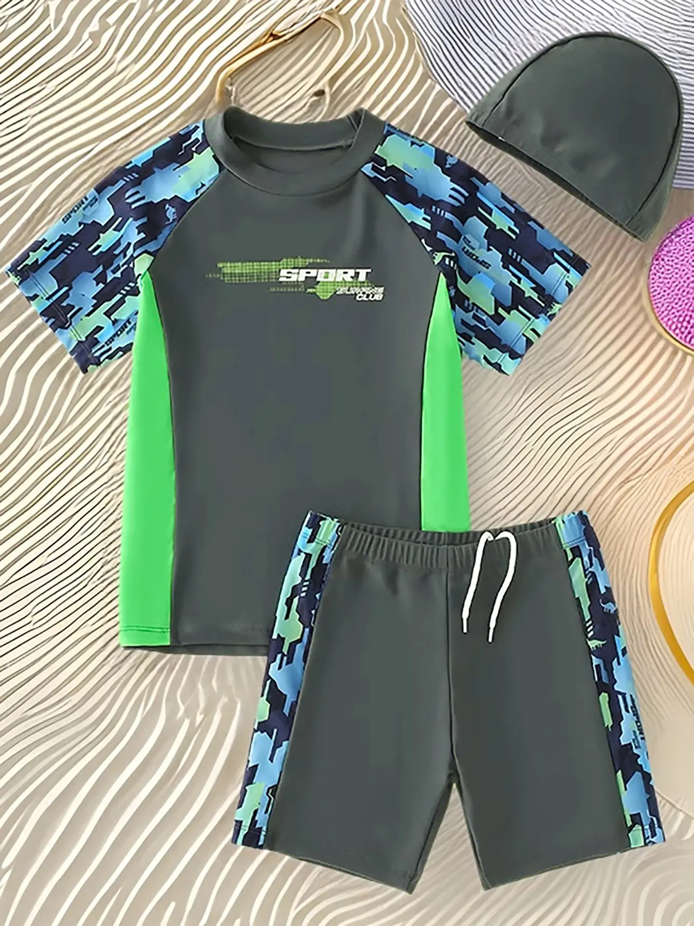 Boys' Fashion Swimwear Set, Soft Comfortable Quick-Dry Breathable Fabric, Beach Surfing Suit, Swimming Training Gear, Daily Trendy Style
