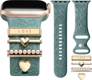 Flower Engraved Replacement Band with Gold Love Accessories, valentines gifts for gf, fashion boohs, Compatible with Apple Watch Bands for Women, Soft Silicone Strap With Dressy Decorative Apple Watch Charms for iWatch Series 11 10 9 8 7 6 5 4 3 2 1 SE