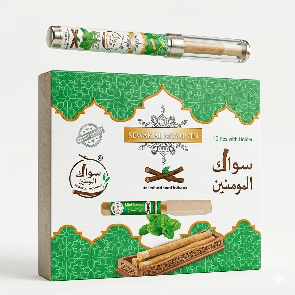 Mint Miswak Wood Sticks (Pack of 10) with 6-in Luxury Protective Holder - Cool Mint Oral Health Toothbrushes, Natural Oral Care Tool for Freshening Breath On-the-Go, Freshens Breath
