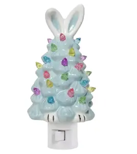 Ceramic Easter Bunny Night Light, Cute Easter Bunny Tree Figurines with Colorful Lamp Beads and Bunny Ear Top Easter Ornaments Spring Holiday Decoration Gifts