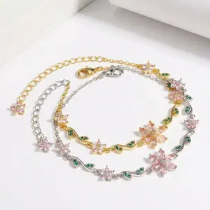 Pink Blossom Flower Green Leaf Cubic Zirconia Link Bracelet for Women Dainty Sakura Floral Chain Bracelets Adjustable Delicate Fashion Trendy Jewelry