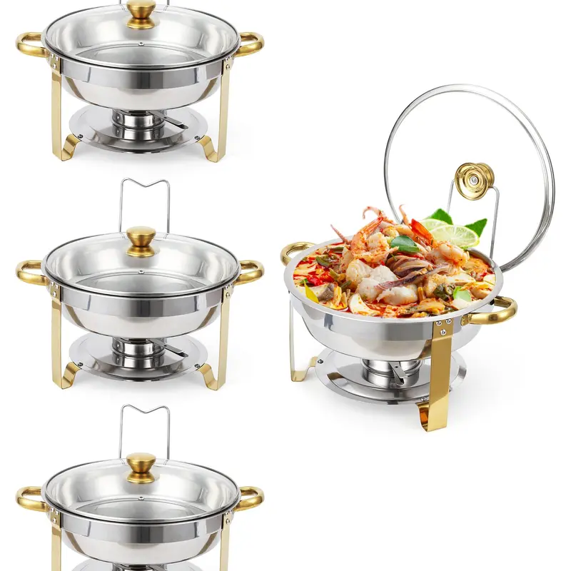 Gaomon 4-Pack 5QT Rust-Resist Steel Round Chafing Dishes Buffet Set - 4-Dish Coverage, Food & Water Pans, Heating for Mains & Sides, Quick Setup, Lid Holder, Visible Glass Lids for Weddings, Restaurants, Desserts