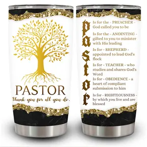 1pc 20oz Gold Tree and Pastor Appreciation Tumbler with Lid, Insulated Travel Mug, Gift for Women Men, Ideal for Halloween, Independence Day, Memorial Birthday Gift, Coffee Cup, weird stuff
