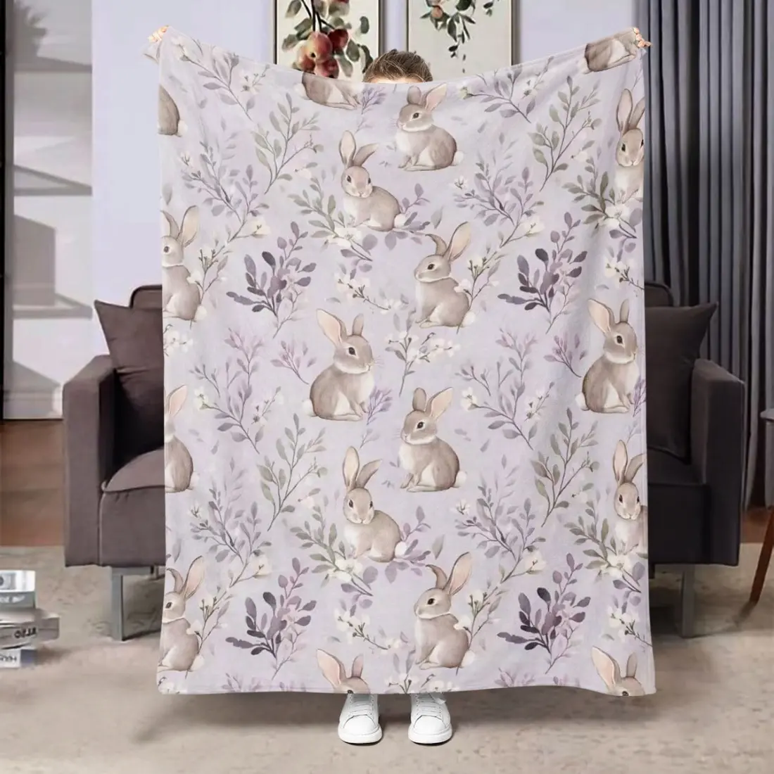 Watercolor Easter Bunny Soft Cozy Flannel Blanket Vintage Rabbit Floral Botanical Print Plush Throw Warm Fuzzy Bed Sofa Blanket Perfect Easter Holiday Home Decor Gift for Women Kids Girls, Blankets, Throw Blankets