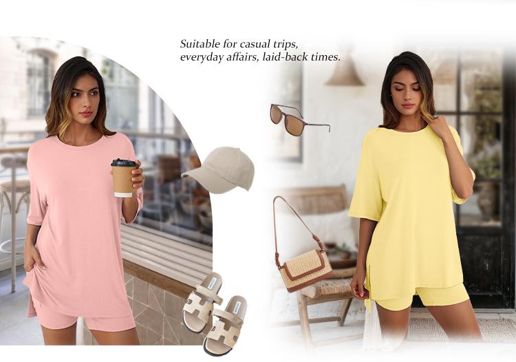 AUTOMET Women's Summer Two-Piece Set 2025 Casual Oversized Shirts Biker Shorts Matching Airport Travel Outfit Split Hem Lounge prettygarden woman