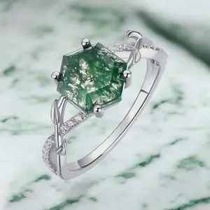 Genuine 925 Sterling Silver 3CT Natural Moss Agate Hexagon Infinity Ring (6-8)