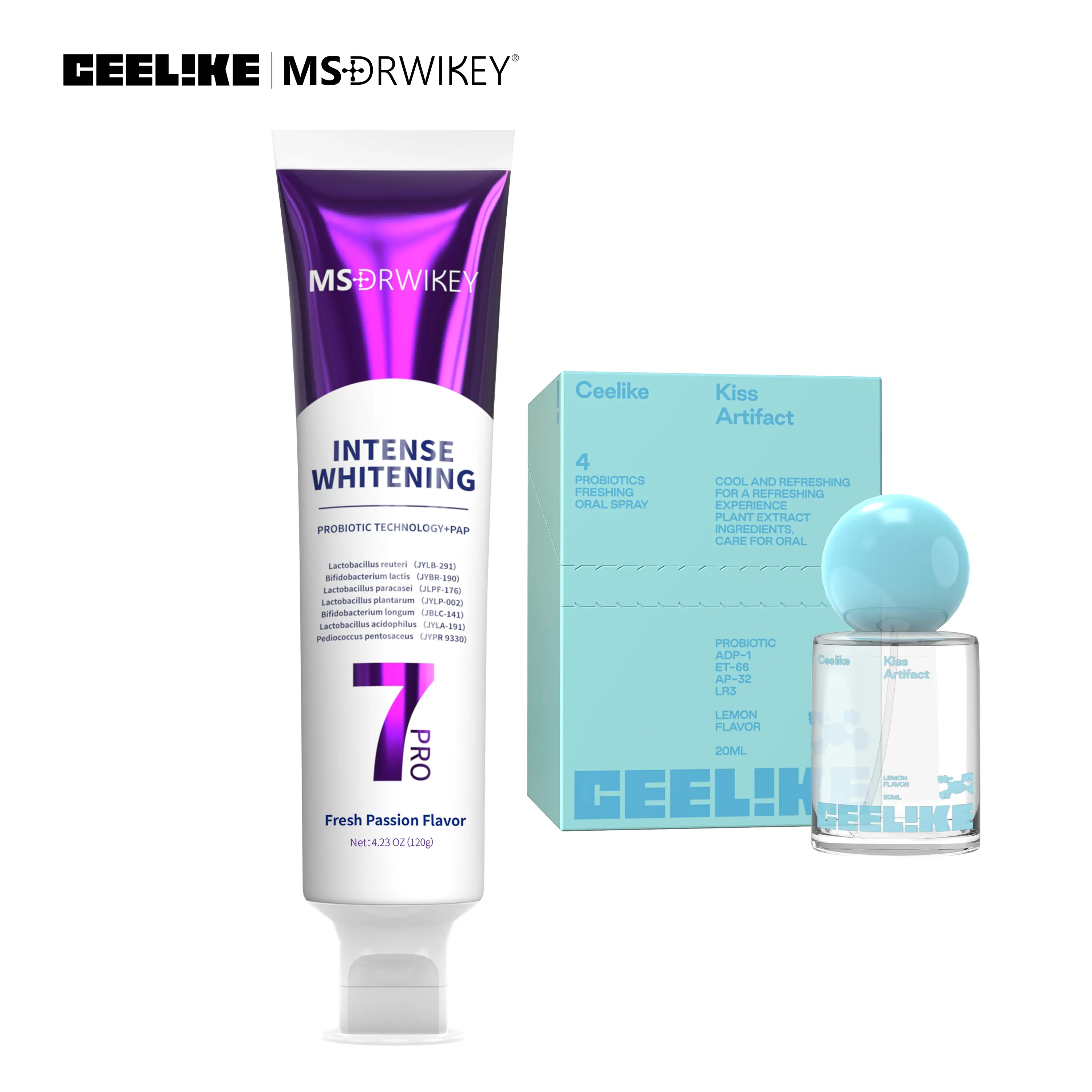 MSDRWIKEY & CEELIKE Teeth Cleansing Kit - 150g Fruit-Flavored Probiotic Toothpaste + Oral Spray Set for Fresh Breath, Whitening Mouth Care