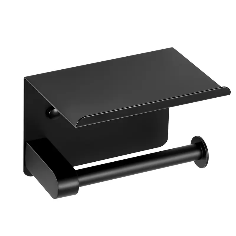 VEVOR Rustproof 304 Stainless Steel Bathroom Paper Holder with Shelf, Anti-Fall Design, Durable, Waterproof, Smooth Edge Safety, Large Diameter, Dual Mounts (Screws + Adhesive Tape), Matte Black, Easy Installation for Small Items