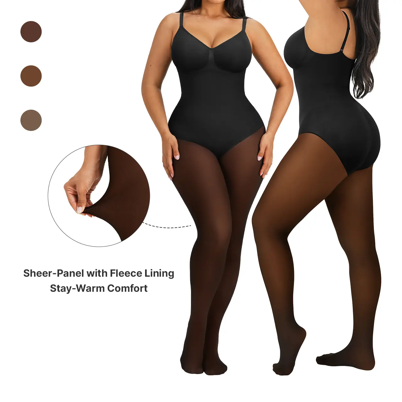 SHAPELLX CozyShape Sheer-Panel with Fleece Lined Tights Stay-Warm Tummy Control Sheer Effect Tights Bodysuit Black Basic