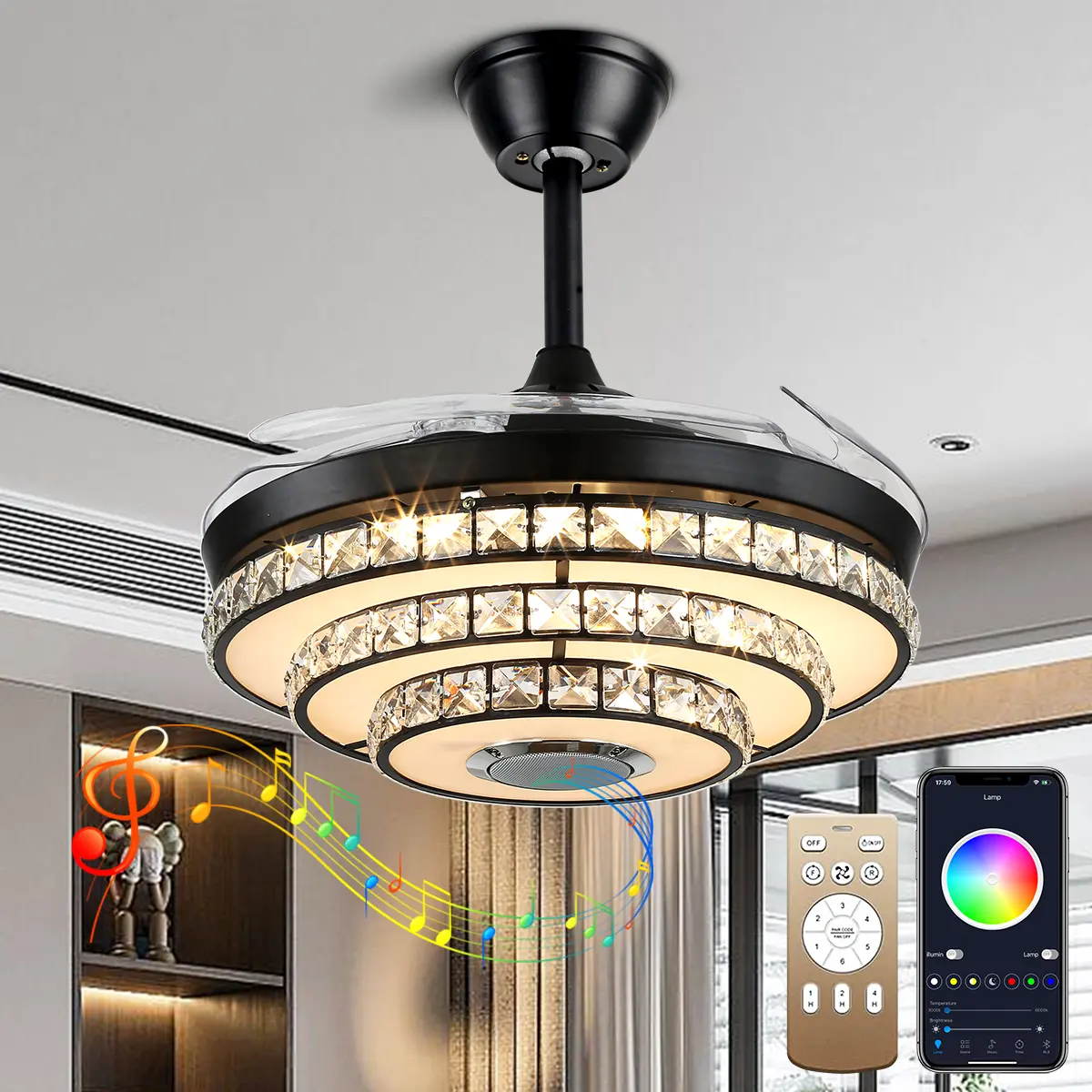 42-Inch Black Crystal Retractable Ceiling Fan with 7-Color RGB LED, Bluetooth Speaker, Remote & App Control