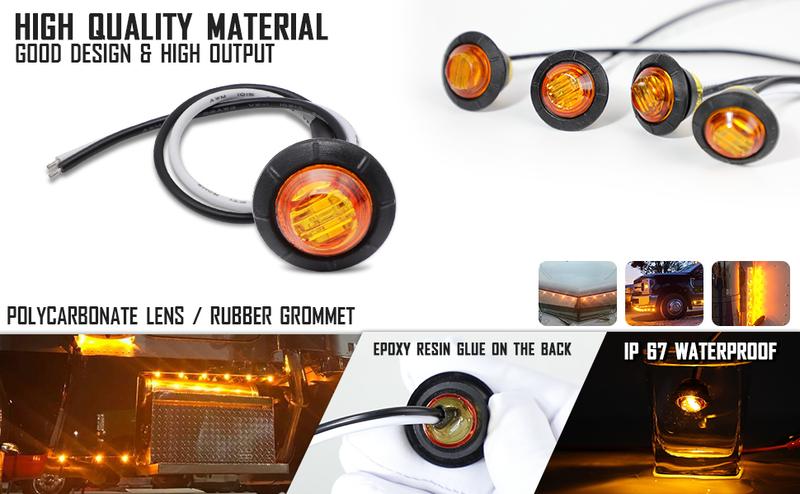 DIBMS 50 pcs 3/4 Inch Mount Amber 3 LED Mini Round Trailer Side Marker Indicator Lights Clearance Button Signal Lamps Universal for Trucks Lorry Boat Pickup Bus Caravan RV Waterproof Sealed Bulbs 12V DC, Amber cop lights ,Amber LED Grille Light Kit