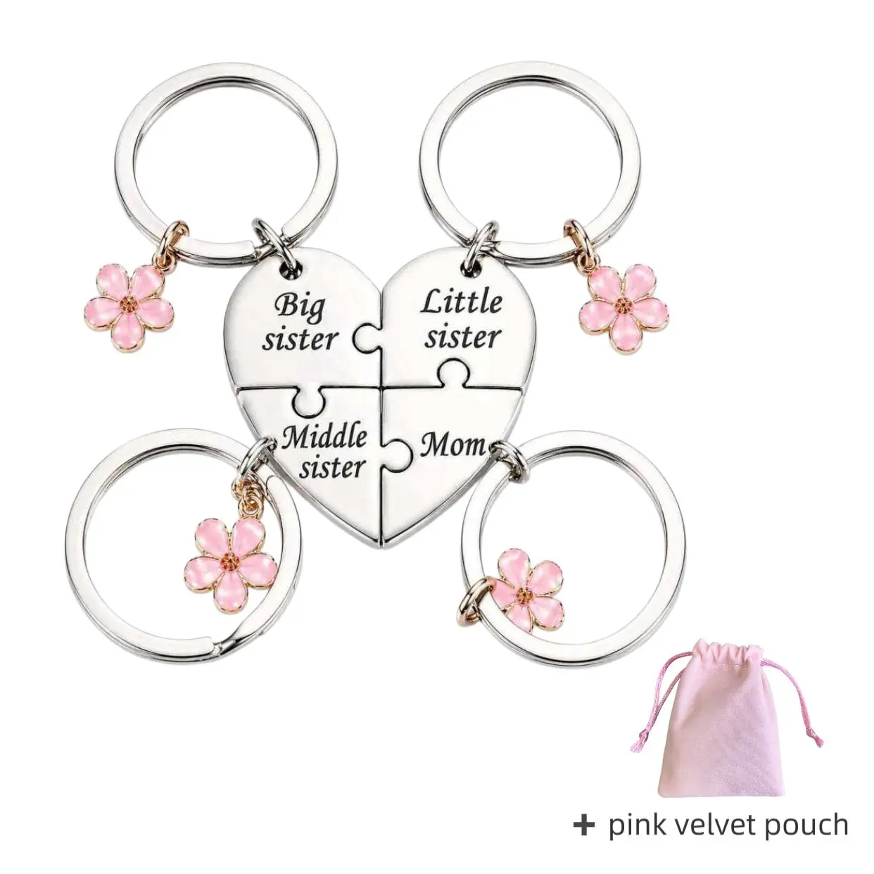 4Pcs Family Puzzle Keychain Set, Big Sister Middle Sister Little Sister Mom Heart Matching Keychains with Flower Charms, Mother Daughter Gift Set