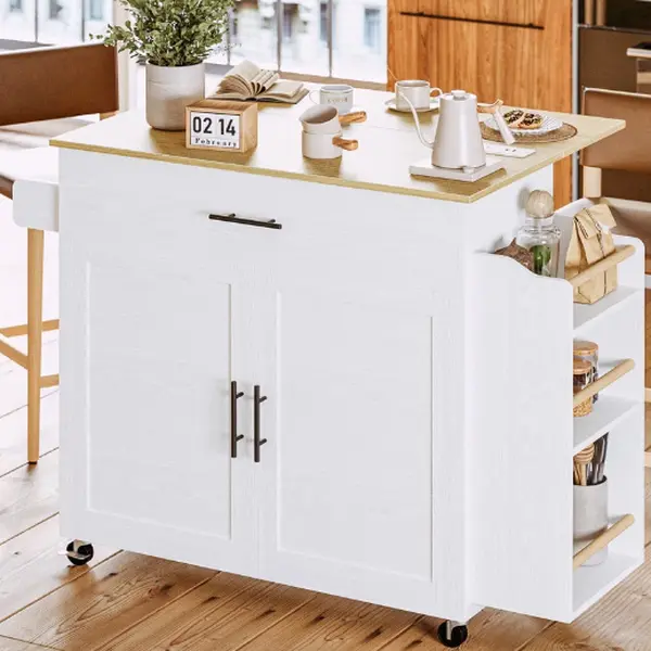 IRONCK Modern Expandable Sideboard Buffet Kitchen Island - Caster-Equipped Rolling Dual-Purpose Unit with Charging Station, 3 Open Spice Racks, Easy-Access Drop Leaf Top, Drawers and Cabinets, Adjustable Shelving Floor Cabinets,dorm essentials,home decor