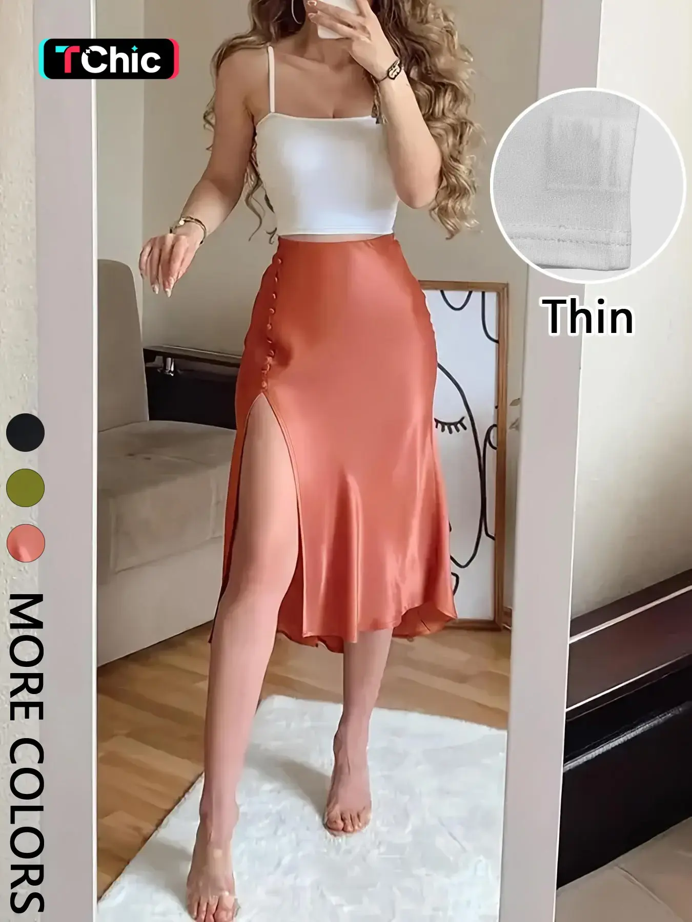 Women's Cami Top & Satin Midi Skirt Set, Cropped Spaghetti-Strap Tank, High-Waisted Side-Slit Skirt with Button Detail & Back Zip, Smooth Draped Fabric, Chic 2-Piece for Date Night & Party, Fit