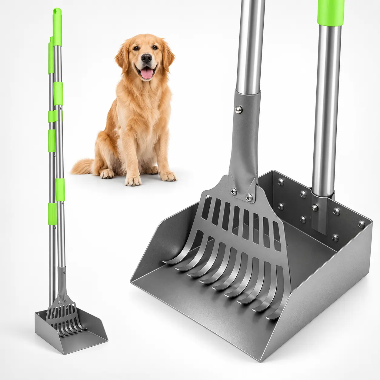Dog Pooper Scooper Tray and Rake Set with Adjustable Stainless Steel Long Handle for Large, Medium & Small Dogs