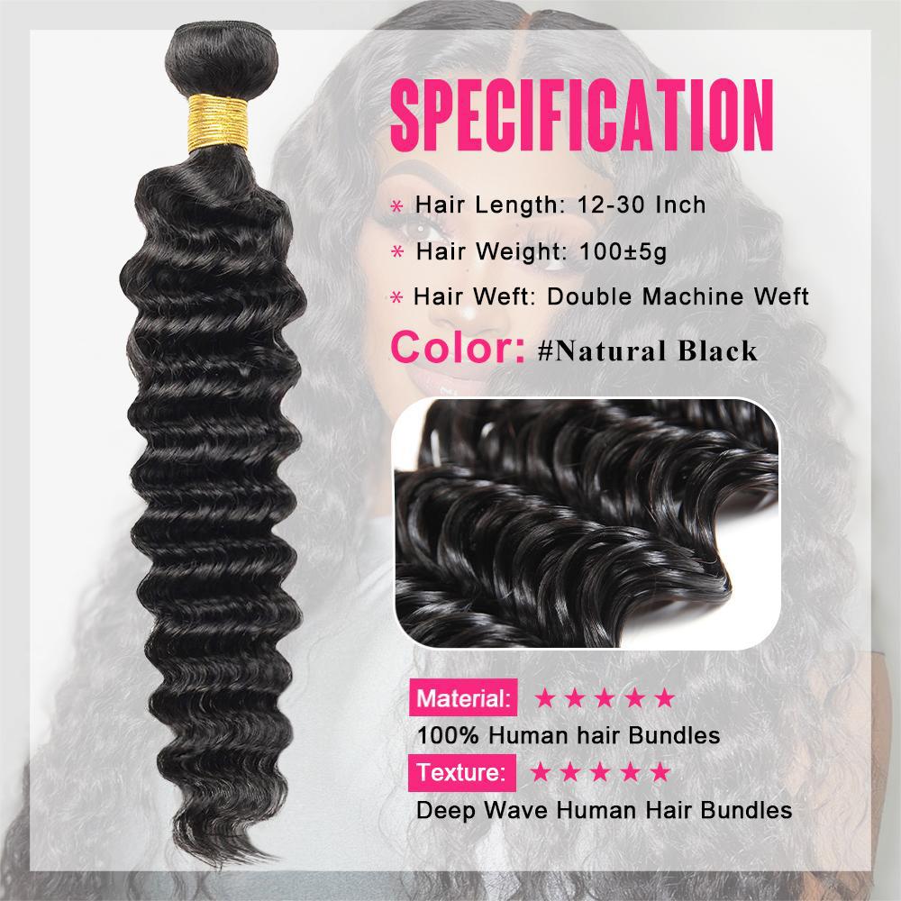 Brazilian Deep Wave Bundles with Closure Human Hair Bundles with 4x4 Lace Closure Unprocessed Virgin Human Hair 3/4 Bundles with Closure
