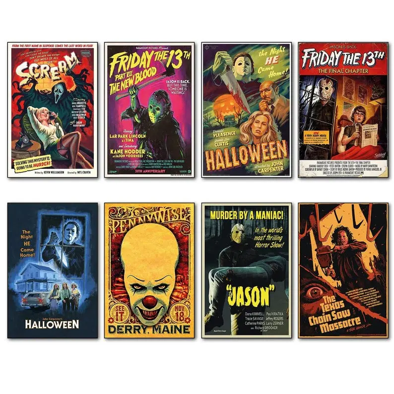 Aluminum alloy Epic classic horror canvas poster, presenting iconic scenes from 1980s and 1990s horror movies, featuring Jason, Michael, Leatherface, Ghostface, and the clown, a must-have for horror enthusiasts and collectors, suitable for living room