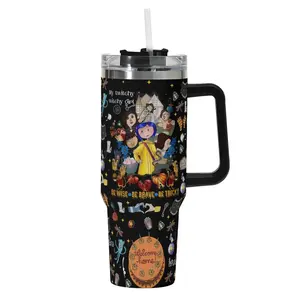 Gothic Coraline-Inspired 40oz Tumbler, Black WHite Tumbler with Dark Fantasy Cat Face Design