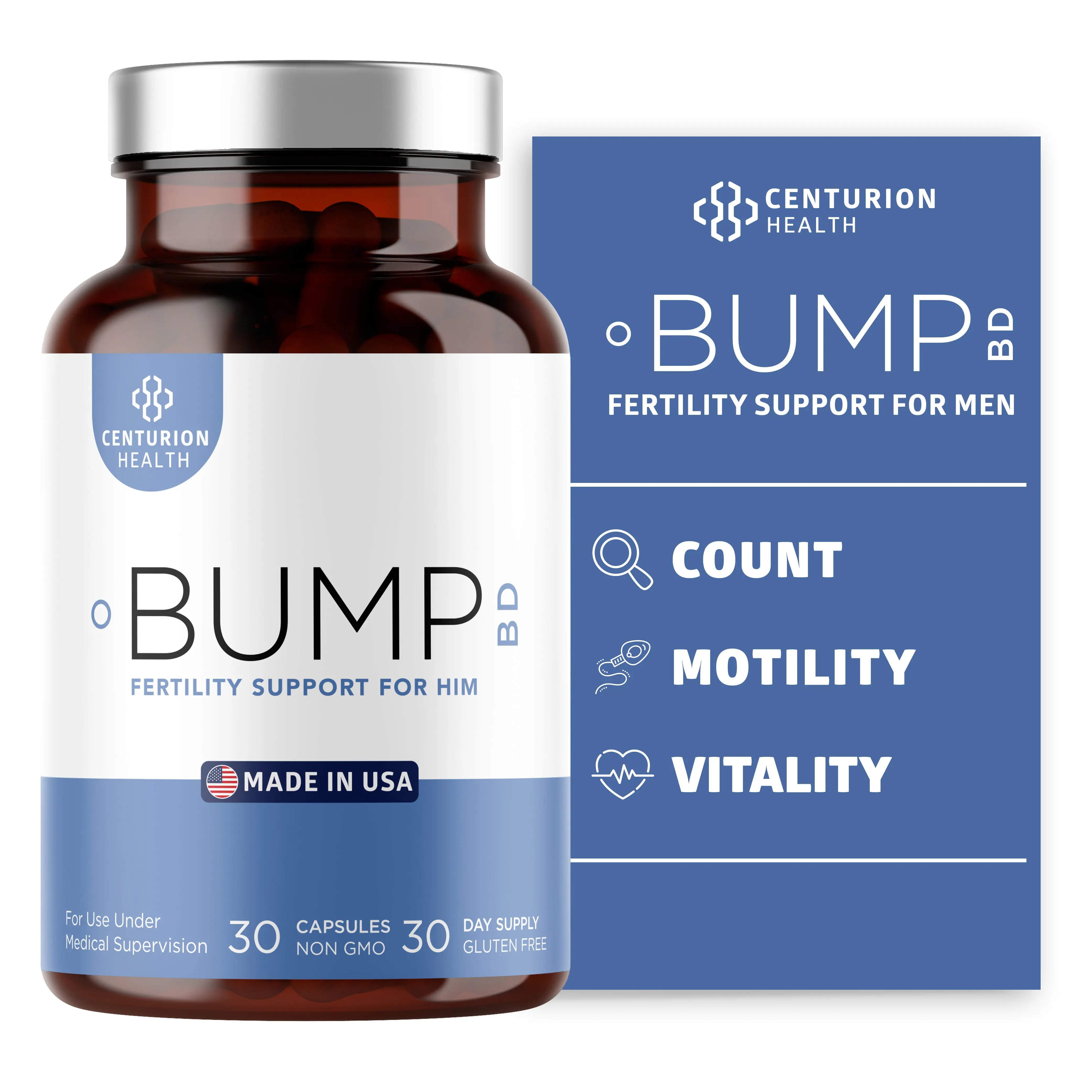 Bump BD, Natural Fertility Supplement for Men, Male Prenatal Vitamins with Selenium, CoQ10, L-Methylfolate, Folinic Acid, DHA + EPA to Support Hormonal Balance & Motility, 30 Caps
