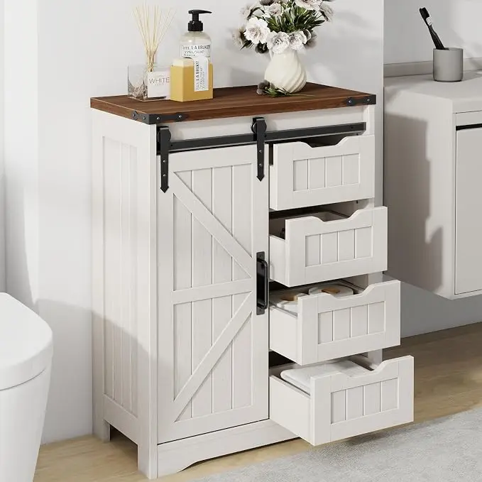 [tiktokshopbacktoschool] Vabches Farmhouse Bathroom Floor Storage Cabinet, Cabinet with Drawer, Floor Storage Cabinet, Farmhouse Storage Cabinet for Bathroom, Home Office, Living Room, Rustic Style Cabinet,dorm essentials,home decor