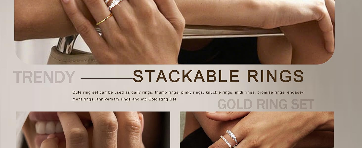 LOLIAS 14K Gold Plated Stackable Rings for Women Non Tarnish - Dainty Cubic Zirconia Wedding Bands Ring Set Minimalist Trendy Statement Engagement Promise Thumb Rings Stacking Size 5-10