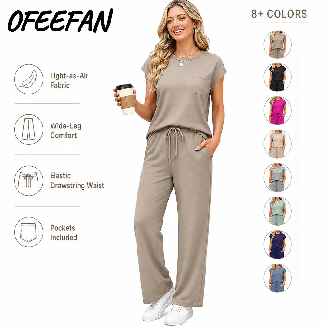OFEEFAN Womenswear 2 Piece Sets for Women Casual Summer Travel Vacation Outfits Cap Sleeve Lounge Set Chic Crewneck Soft Silky Breathable Clothes
